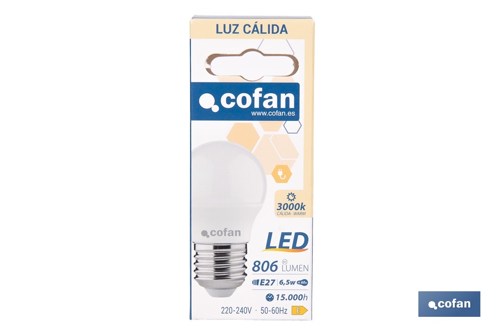 Bombillas LED esférica E27 6,5 W 806 lúmenes | Ahorro de energía y larga duración 15.000 h de vida | Disponibles en 2 temperaturas de color - Cofan