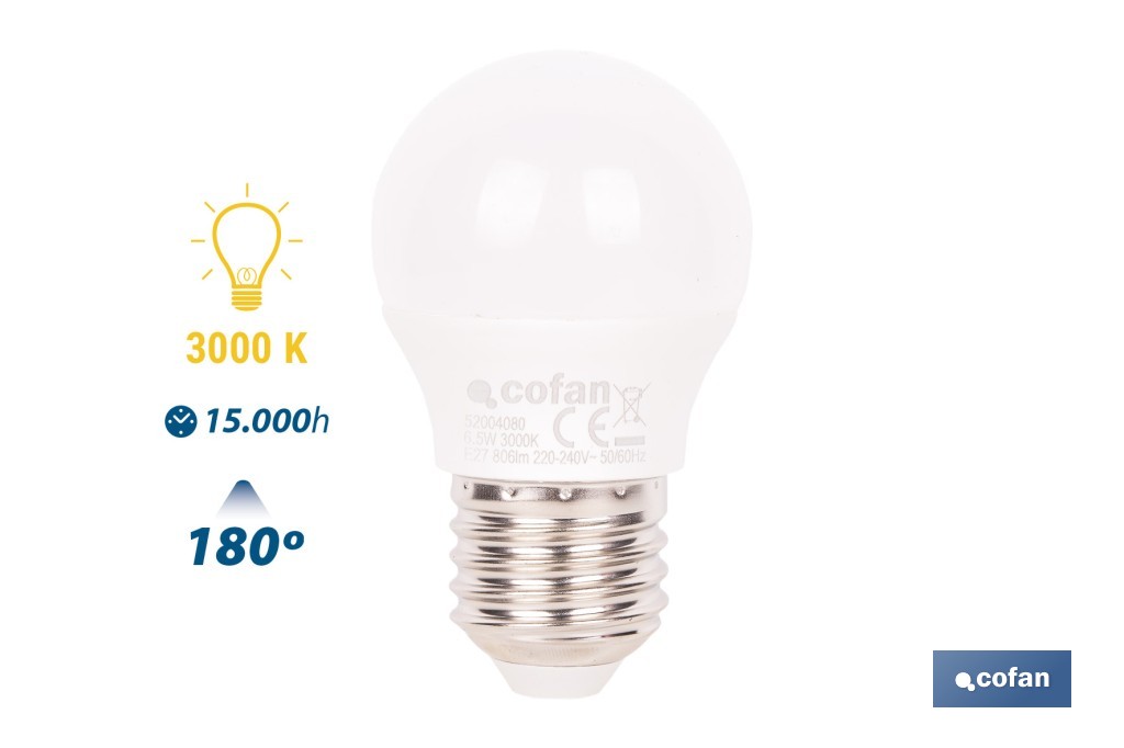 Bombillas LED esférica E27 6,5 W 806 lúmenes | Ahorro de energía y larga duración 15.000 h de vida | Disponibles en 2 temperaturas de color - Cofan