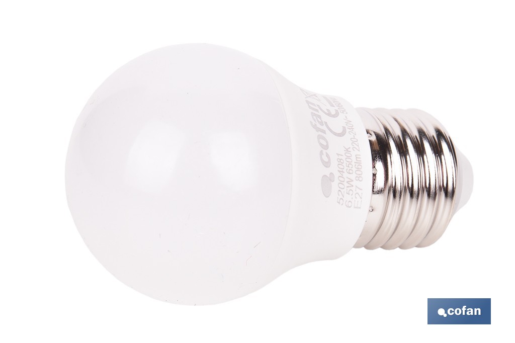 Bombillas LED esférica E27 6,5 W 806 lúmenes | Ahorro de energía y larga duración 15.000 h de vida | Disponibles en 2 temperaturas de color - Cofan