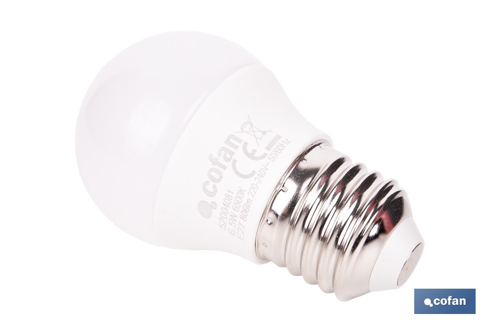 Bombillas LED esférica E27 6,5 W 806 lúmenes | Ahorro de energía y larga duración 15.000 h de vida | Disponibles en 2 temperaturas de color - Cofan