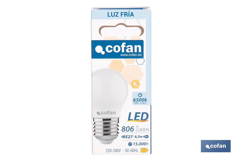 Bombillas LED esférica E27 6,5 W 806 lúmenes | Ahorro de energía y larga duración 15.000 h de vida | Disponibles en 2 temperaturas de color - Cofan