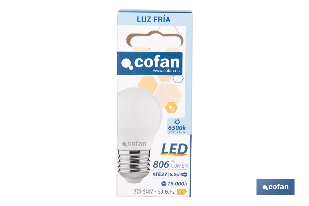 Bombillas LED esférica E27 6,5 W 806 lúmenes | Ahorro de energía y larga duración 15.000 h de vida | Disponibles en 2 temperaturas de color - Cofan