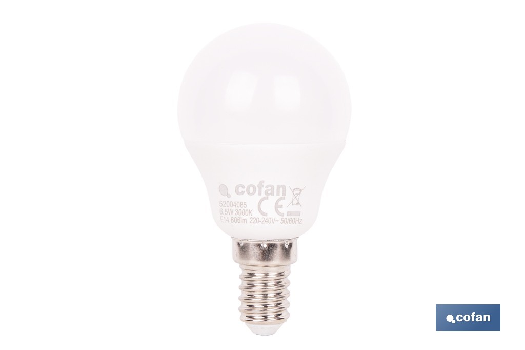 Bombillas LED esférica E14 con rosca fina. Con 6,5 W y 806 lúmenes | Ahorro de energía y larga duración 15.000 h de vida | Disponibles en 2 temperaturas de color - Cofan