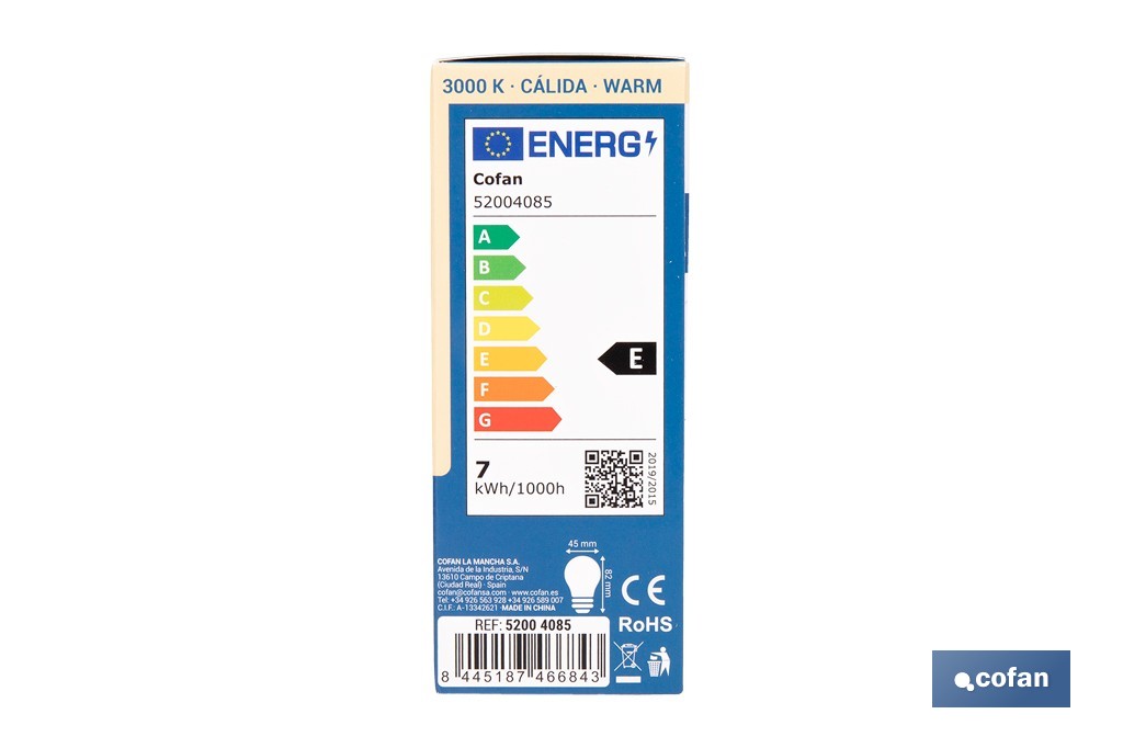 Bombillas LED esférica E14 con rosca fina. Con 6,5 W y 806 lúmenes | Ahorro de energía y larga duración 15.000 h de vida | Disponibles en 2 temperaturas de color - Cofan