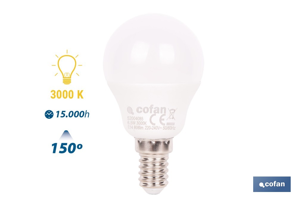 Bombillas LED esférica E14 con rosca fina. Con 6,5 W y 806 lúmenes | Ahorro de energía y larga duración 15.000 h de vida | Disponibles en 2 temperaturas de color - Cofan