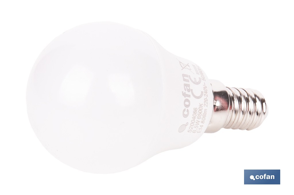 Bombillas LED esférica E14 con rosca fina. Con 6,5 W y 806 lúmenes | Ahorro de energía y larga duración 15.000 h de vida | Disponibles en 2 temperaturas de color - Cofan