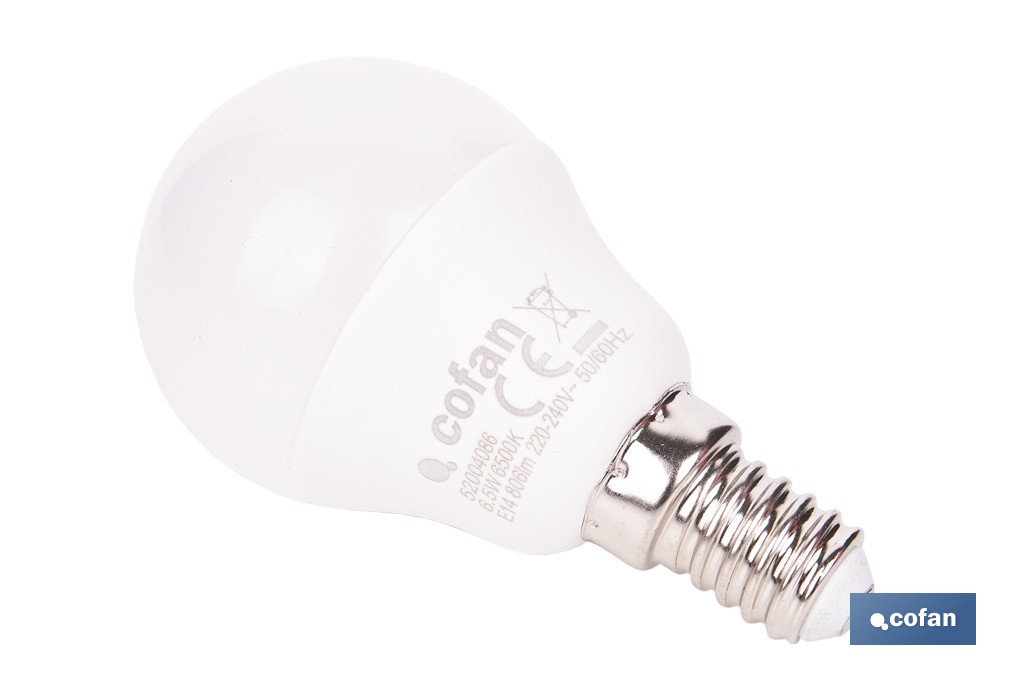 Bombillas LED esférica E14 con rosca fina. Con 6,5 W y 806 lúmenes | Ahorro de energía y larga duración 15.000 h de vida | Disponibles en 2 temperaturas de color - Cofan