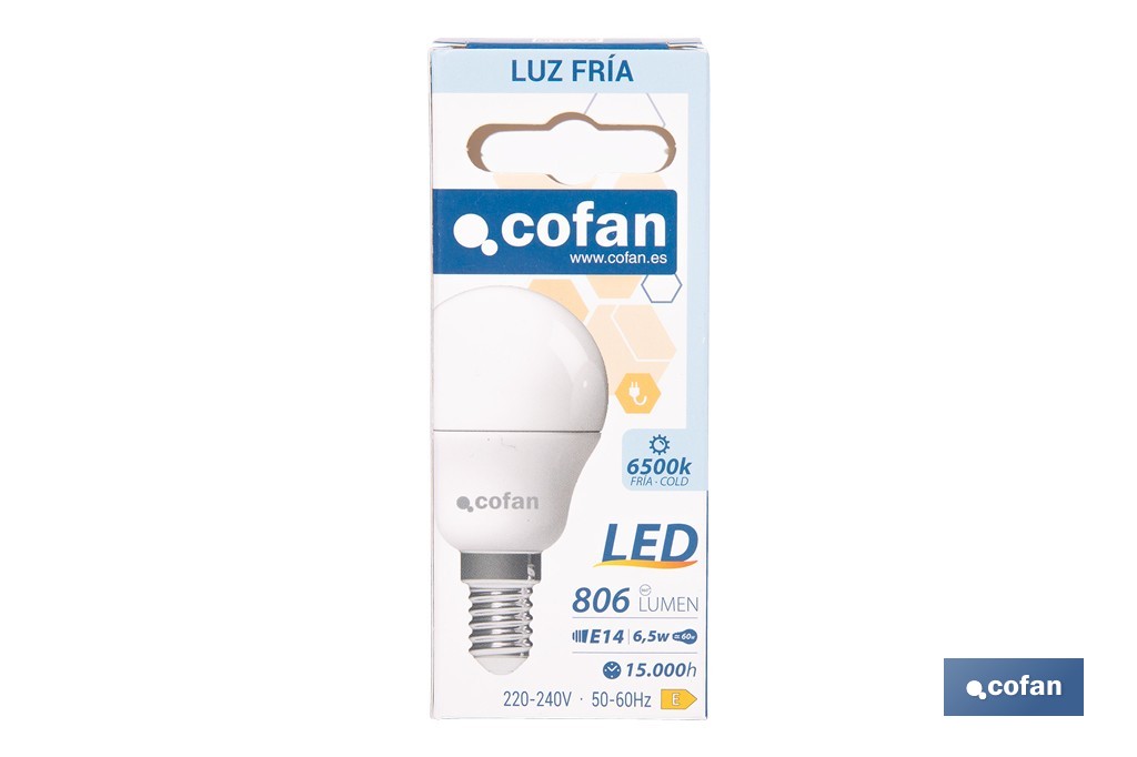 Bombillas LED esférica E14 con rosca fina. Con 6,5 W y 806 lúmenes | Ahorro de energía y larga duración 15.000 h de vida | Disponibles en 2 temperaturas de color - Cofan