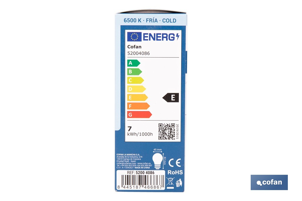 Bombillas LED esférica E14 con rosca fina. Con 6,5 W y 806 lúmenes | Ahorro de energía y larga duración 15.000 h de vida | Disponibles en 2 temperaturas de color - Cofan
