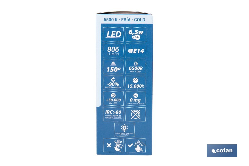 Bombillas LED esférica E14 con rosca fina. Con 6,5 W y 806 lúmenes | Ahorro de energía y larga duración 15.000 h de vida | Disponibles en 2 temperaturas de color - Cofan