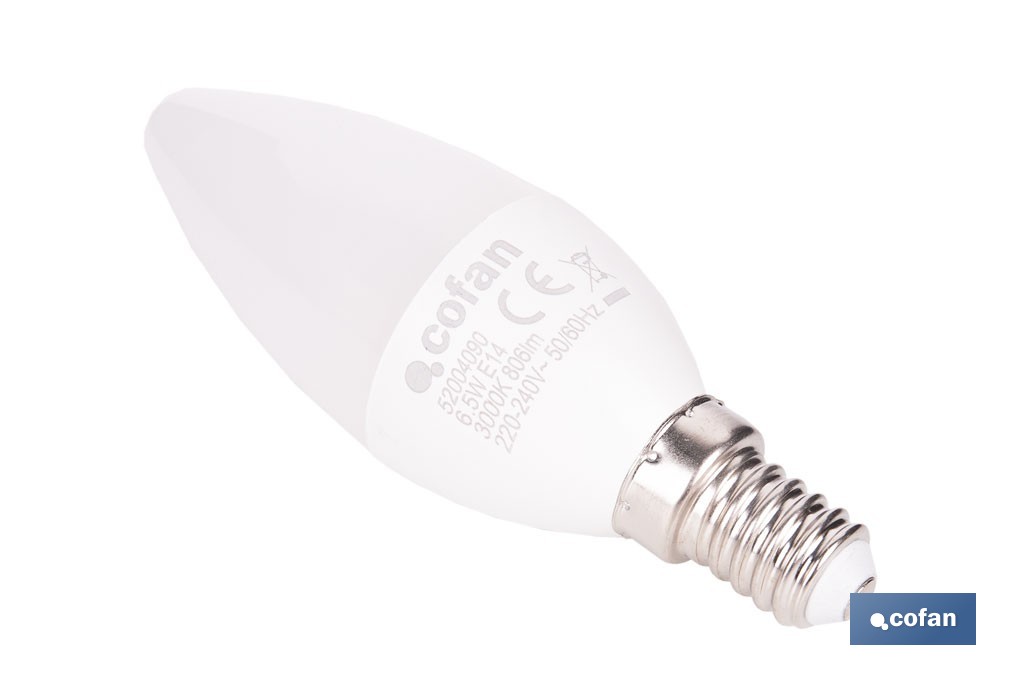 Bombillas LED vela con rosca fina E14, 6,5 W y 806 lúmenes | Ahorro de energía y larga duración 15.000 h de vida | Disponibles en 2 temperaturas de color - Cofan