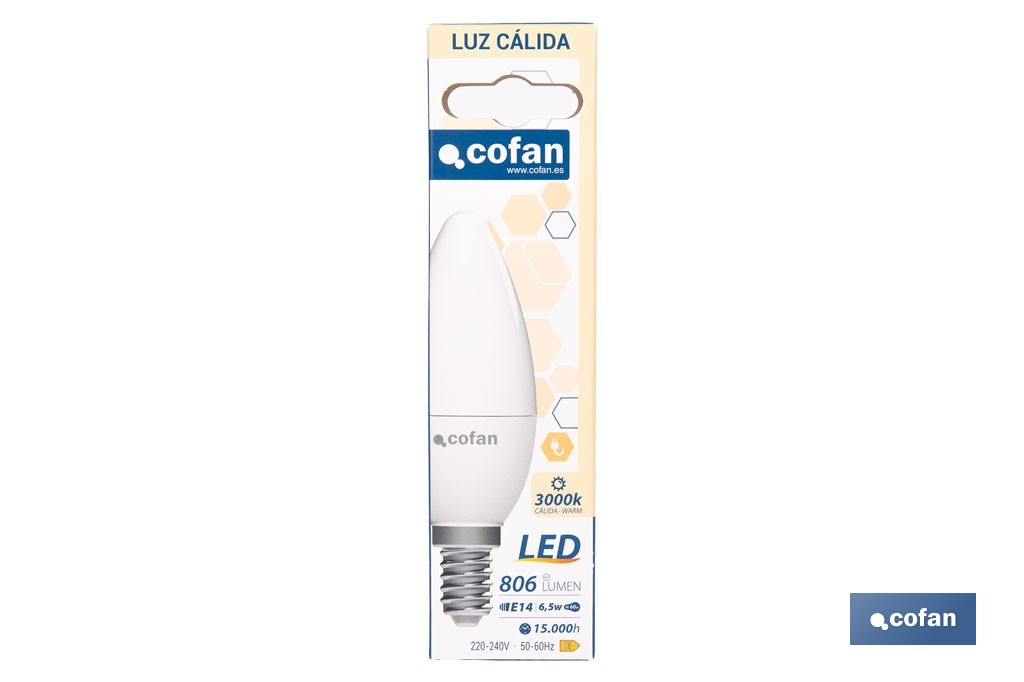 Bombillas LED vela con rosca fina E14, 6,5 W y 806 lúmenes | Ahorro de energía y larga duración 15.000 h de vida | Disponibles en 2 temperaturas de color - Cofan