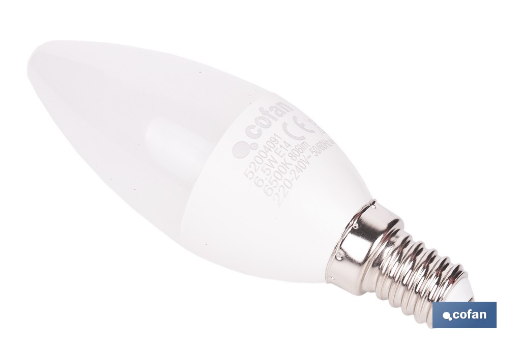 Bombillas LED vela con rosca fina E14, 6,5 W y 806 lúmenes | Ahorro de energía y larga duración 15.000 h de vida | Disponibles en 2 temperaturas de color - Cofan