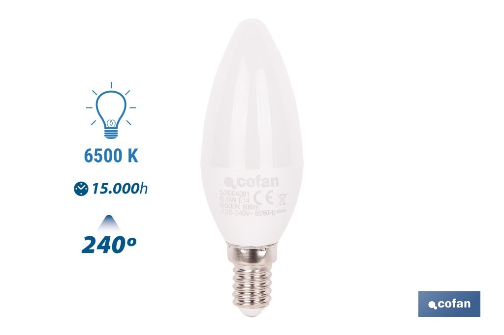 Bombillas LED vela con rosca fina E14, 6,5 W y 806 lúmenes | Ahorro de energía y larga duración 15.000 h de vida | Disponibles en 2 temperaturas de color - Cofan