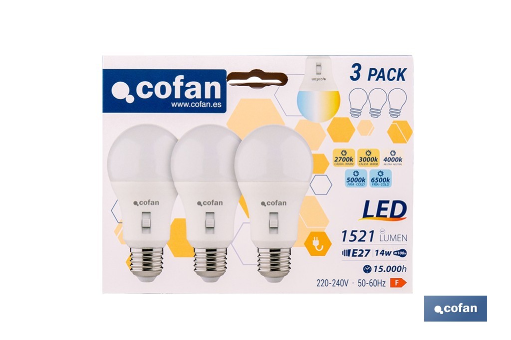 Bombillas LED regulable E27 14 W 1521 lúmenes | 5 CCT regulable, ahorro de energía y larga duración | Pack de 3 bombillas - Cofan