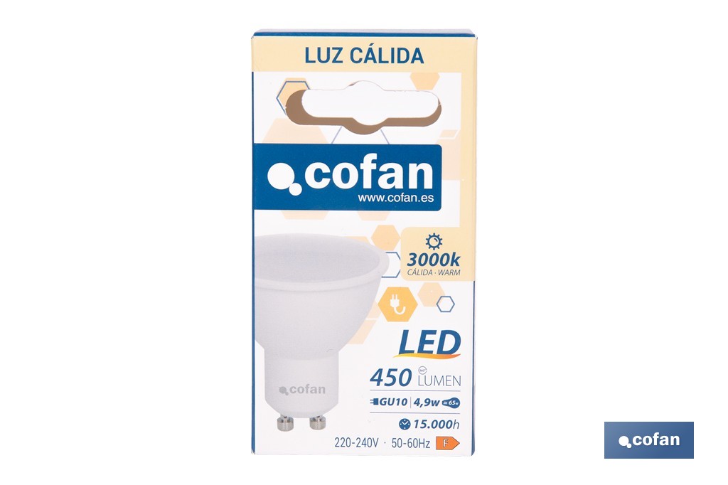 Bombillas LED GU10 de 4,9 W y 450 lúmenes | Ahorro de energía y larga duración 15.000 h de vida | Disponibles en 2 temperaturas de color - Cofan