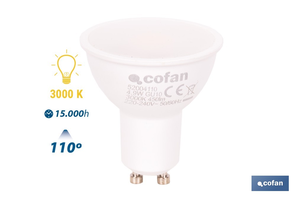 Bombillas LED GU10 de 4,9 W y 450 lúmenes | Ahorro de energía y larga duración 15.000 h de vida | Disponibles en 2 temperaturas de color - Cofan