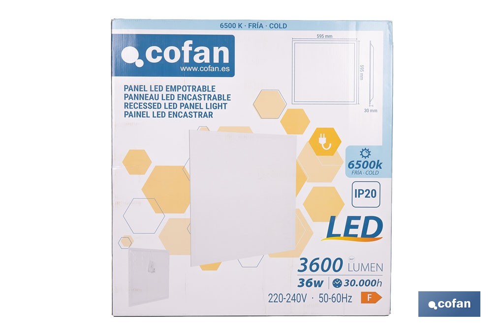 Panel LED empotrable backlight 36 W 3600 lúmenes con luz fría 6500 K | Ahorro de energía y larga duración 30 000 h de vida | Medidas 59,5 x 59,5 cm - Cofan