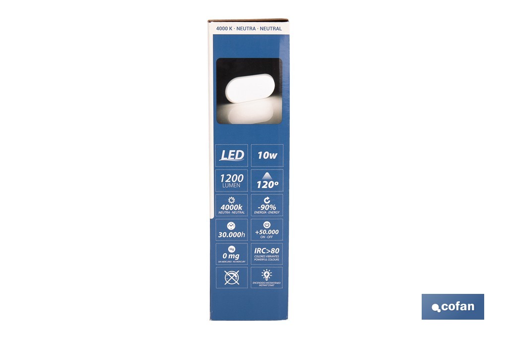 Luminaria LED 10 W 1200 lúmenes con luz neutra 4000 K IP65 | Ahorro de energía y larga duración 30.000 h de vida | Eficiencia energética E - Cofan