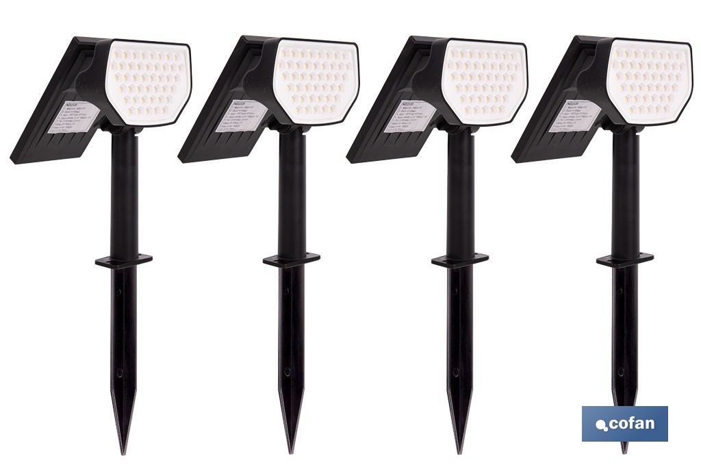Pack de 4 apliques solares LED con sensor | Instalación en pared o suelo | Dos modos de iluminación | 3000 K, batería 3,7 V, 1500 mAh - Cofan