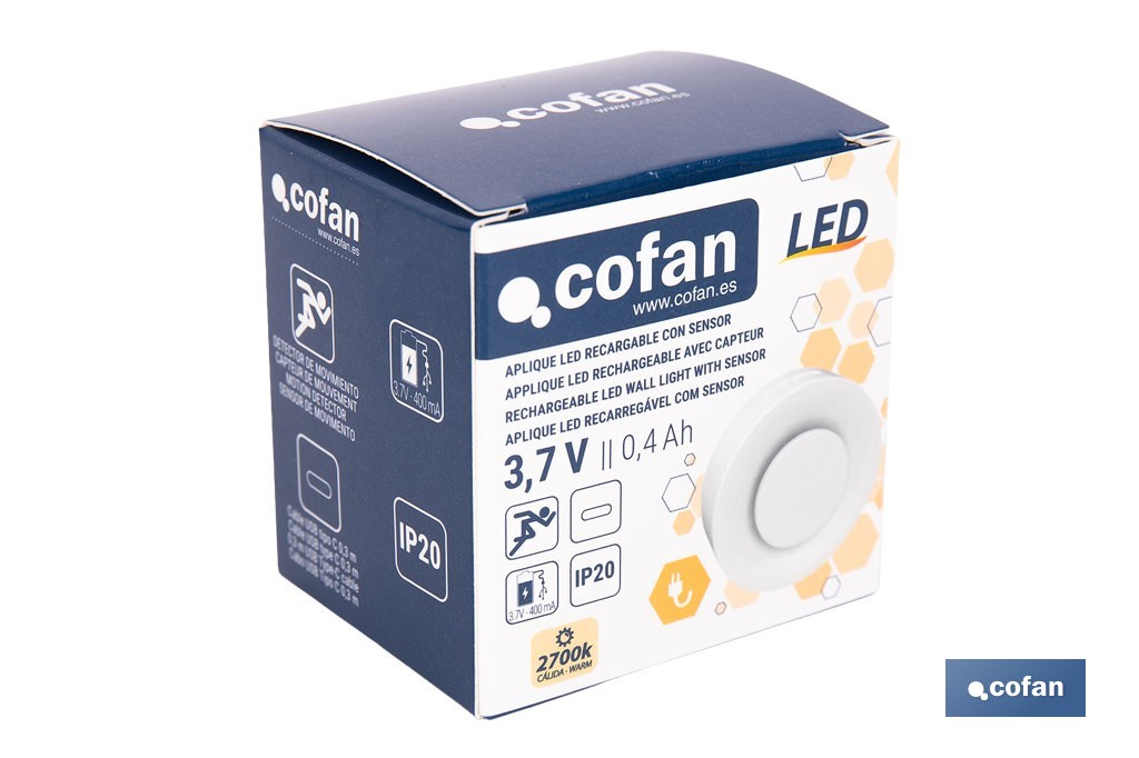 Aplique LED recargable con sensor de movimiento | Luz cálida 2700 K | Soporte adhesivo imantado - Cofan
