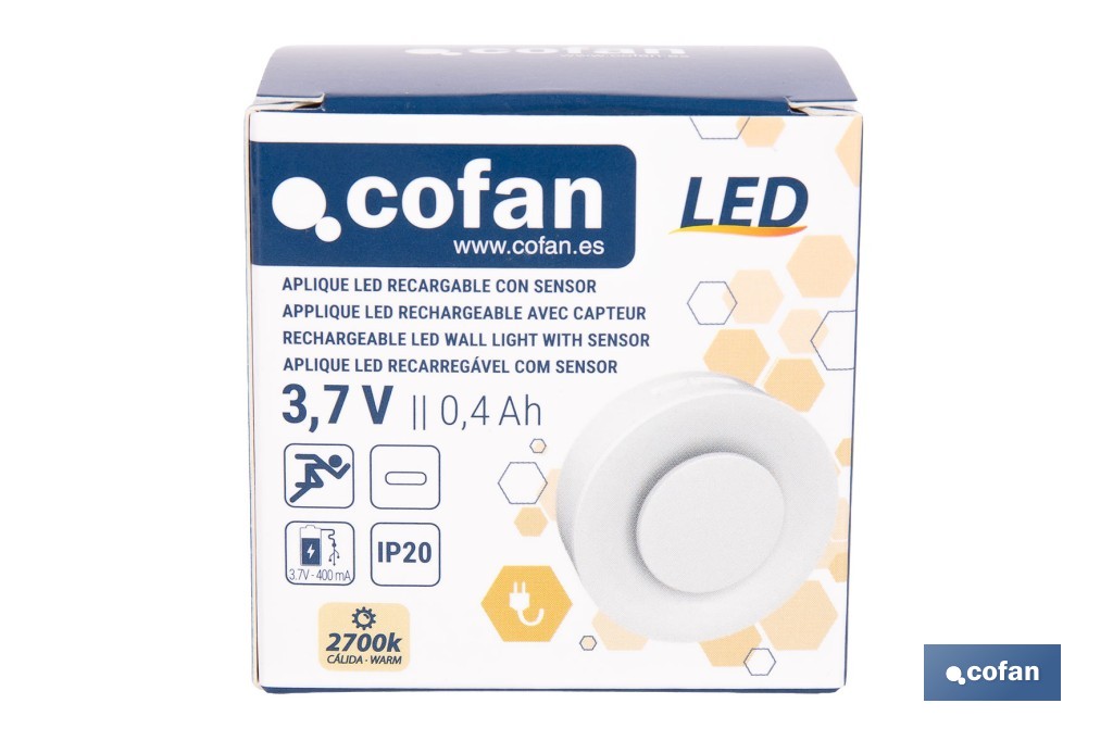 Aplique LED recargable con sensor de movimiento | Luz cálida 2700 K | Soporte adhesivo imantado - Cofan