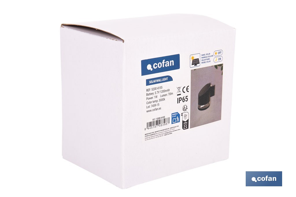Aplique de pared LED solar exterior | Sensor crepuscular, 3000 K, 70 lm | Disponible en diferentes colores - Cofan