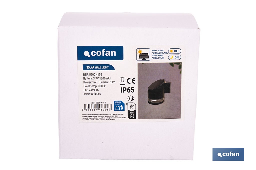 Aplique de pared LED solar exterior | Sensor crepuscular, 3000 K, 70 lm | Disponible en diferentes colores - Cofan