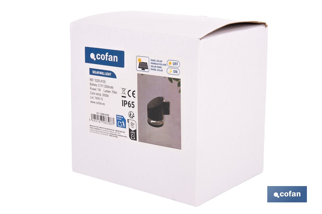 Aplique de pared LED solar exterior | Sensor crepuscular, 3000 K, 70 lm | Disponible en diferentes colores - Cofan