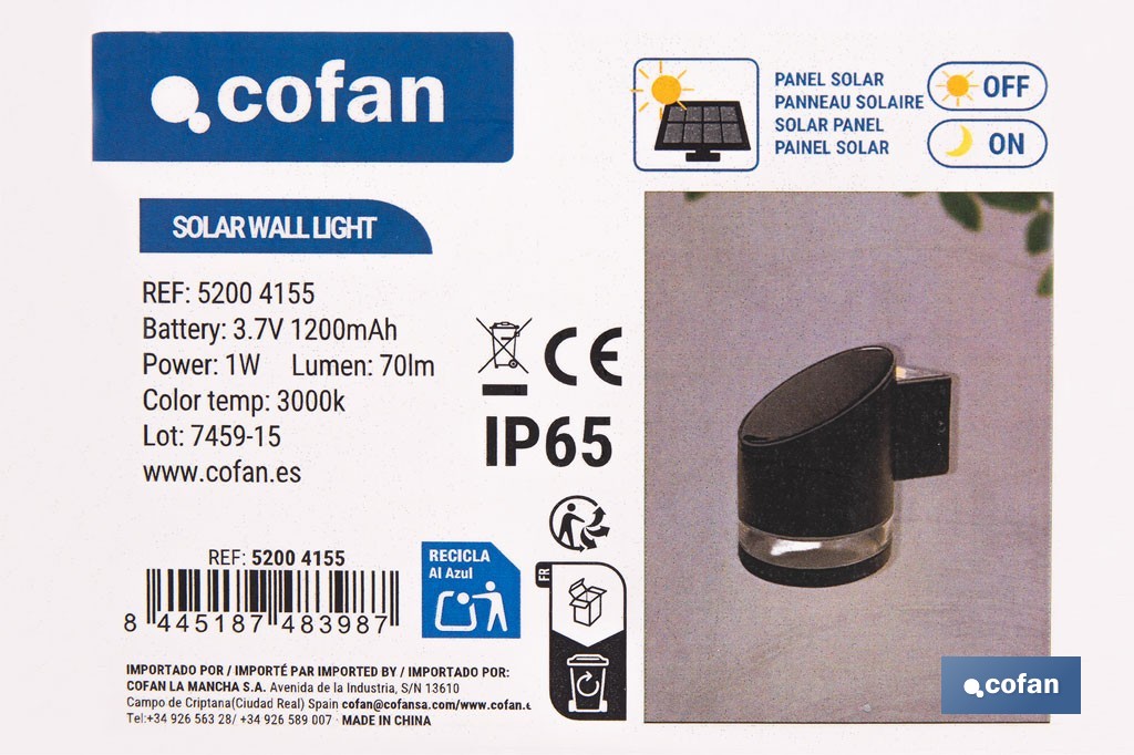 Aplique de pared LED solar exterior | Sensor crepuscular, 3000 K, 70 lm | Disponible en diferentes colores - Cofan