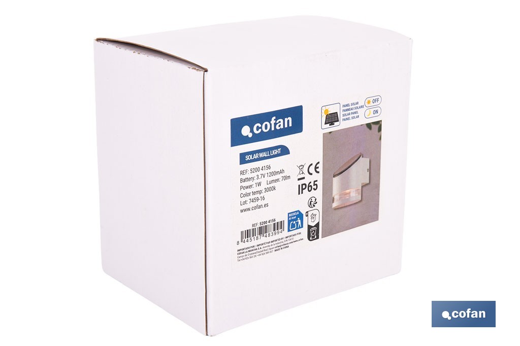 Aplique de pared LED solar exterior | Sensor crepuscular, 3000 K, 70 lm | Disponible en diferentes colores - Cofan
