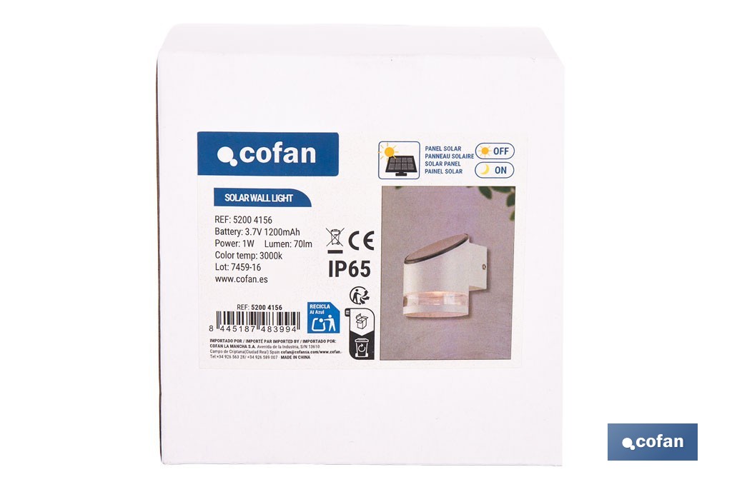 Aplique de pared LED solar exterior | Sensor crepuscular, 3000 K, 70 lm | Disponible en diferentes colores - Cofan