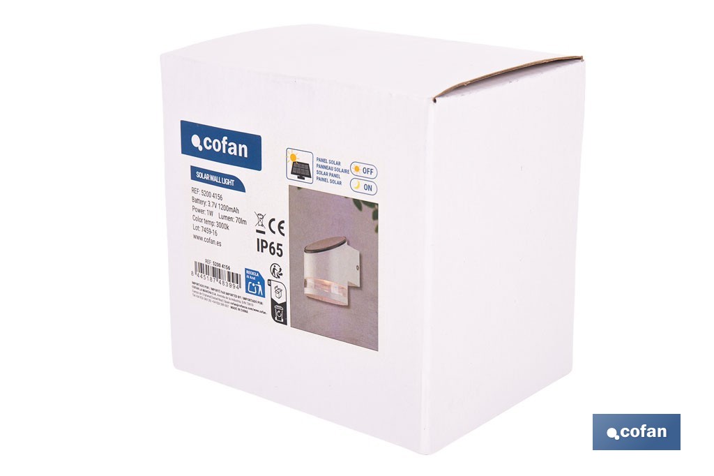 Aplique de pared LED solar exterior | Sensor crepuscular, 3000 K, 70 lm | Disponible en diferentes colores - Cofan