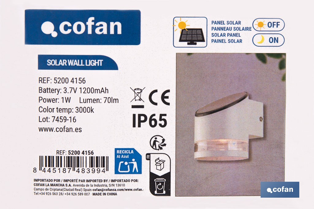 Aplique de pared LED solar exterior | Sensor crepuscular, 3000 K, 70 lm | Disponible en diferentes colores - Cofan