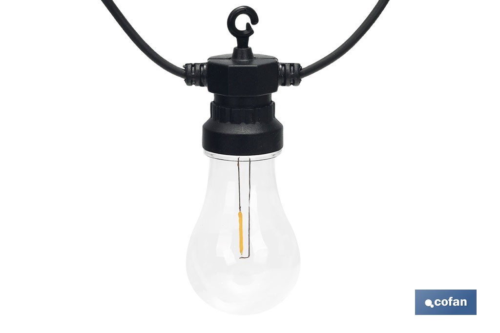 Guirnalda de bombillas LED solares | 10 bombillas A19 con panel solar | Luz cálida 3000 K, batería 120 mAh - Cofan