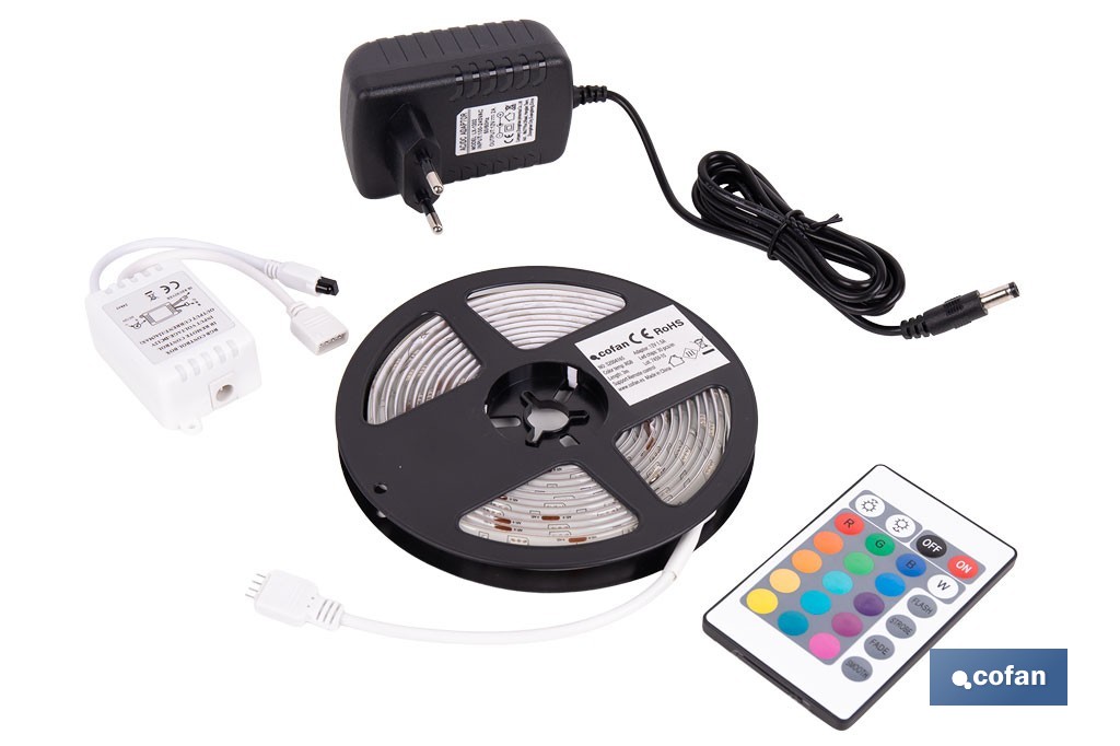 Tira de luz LED con mando a distancia | Iluminación LED RGB 12 V, IP65 con controlador y adaptador | Longitud: 3 metros - Cofan