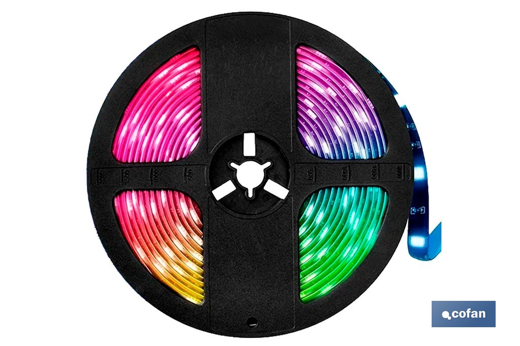 Tira de luz LED con mando a distancia | Iluminación LED RGB 12 V, IP65 con controlador y adaptador | Longitud: 3 metros - Cofan