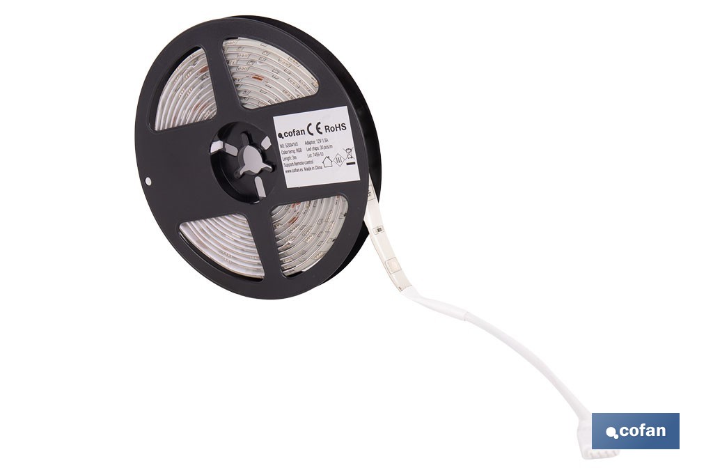 Tira de luz LED con mando a distancia | Iluminación LED RGB 12 V, IP65 con controlador y adaptador | Longitud: 3 metros - Cofan
