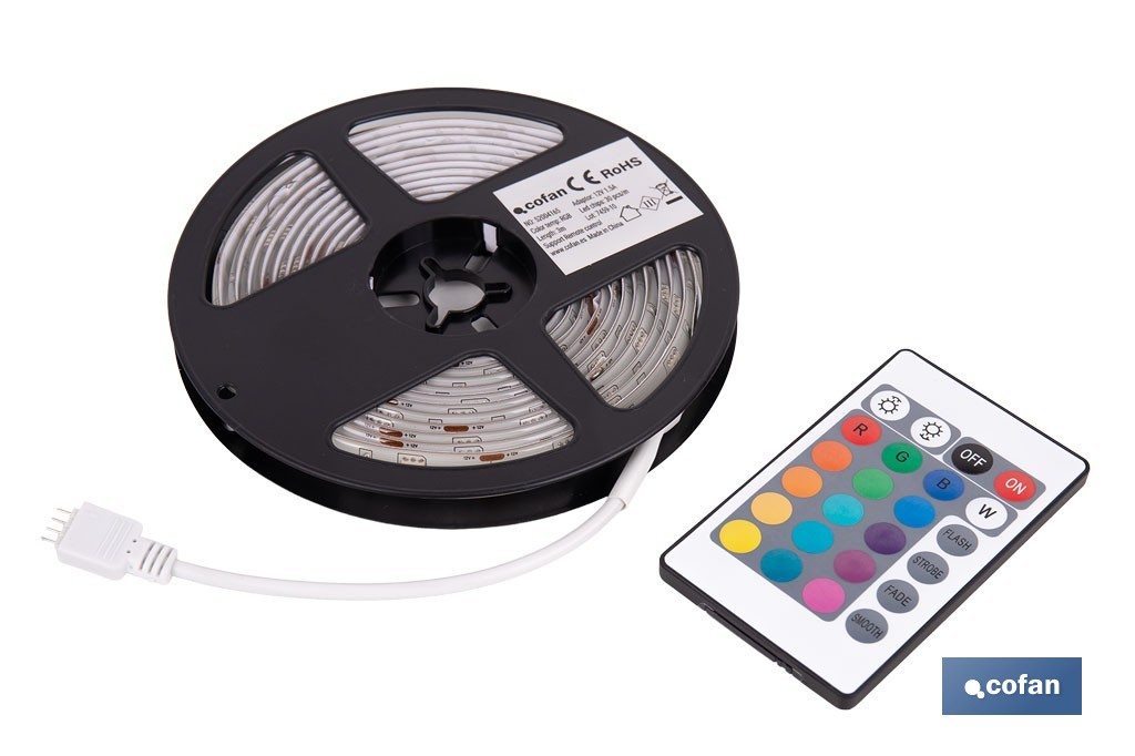 Tira de luz LED con mando a distancia | Iluminación LED RGB 12 V, IP65 con controlador y adaptador | Longitud: 3 metros - Cofan