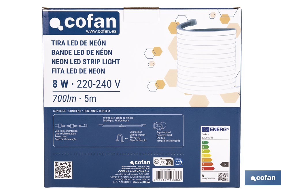 Tira de luz LED neón COB | Impermeable IP65, 8 W, 4000 K, 700 lúmenes | Longitud: 5 metros - Cofan