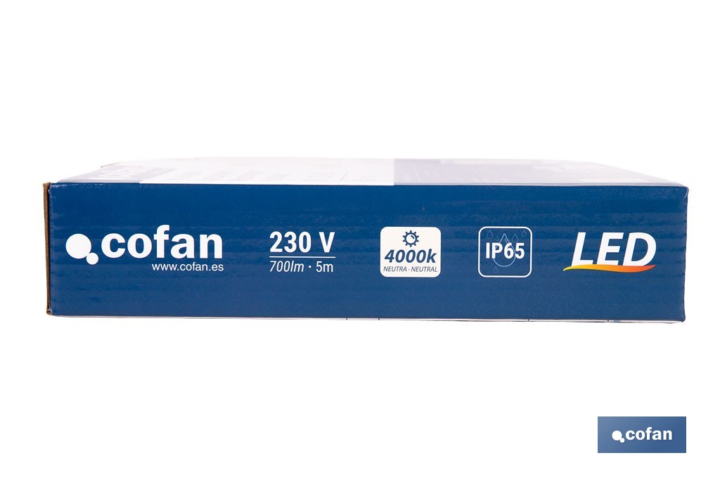 Tira de luz LED neón COB | Impermeable IP65, 8 W, 4000 K, 700 lúmenes | Longitud: 5 metros - Cofan