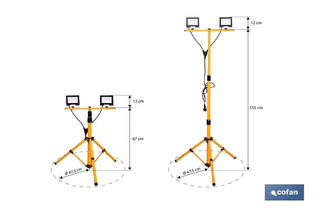 Trípode telescópico con 2 proyectores LED | 20 W, 3600 lm, protección IP65 | Cable de 1,5 m con enchufe europeo - Cofan