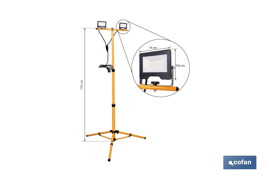 Trípode telescópico con 2 proyectores LED | 20 W, 3600 lm, protección IP65 | Cable de 1,5 m con enchufe europeo - Cofan