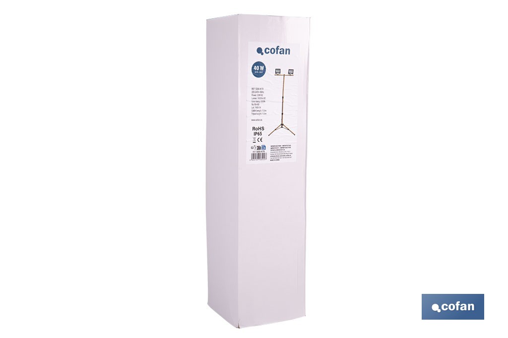 Trípode telescópico con 2 proyectores LED | 20 W, 3600 lm, protección IP65 | Cable de 1,5 con enchufe europeo - Cofan