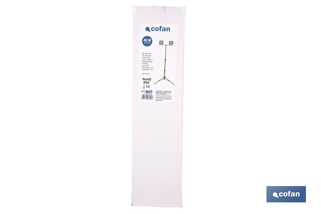 Trípode telescópico con 2 proyectores LED | 20 W, 3600 lm, protección IP65 | Cable de 1,5 con enchufe europeo - Cofan