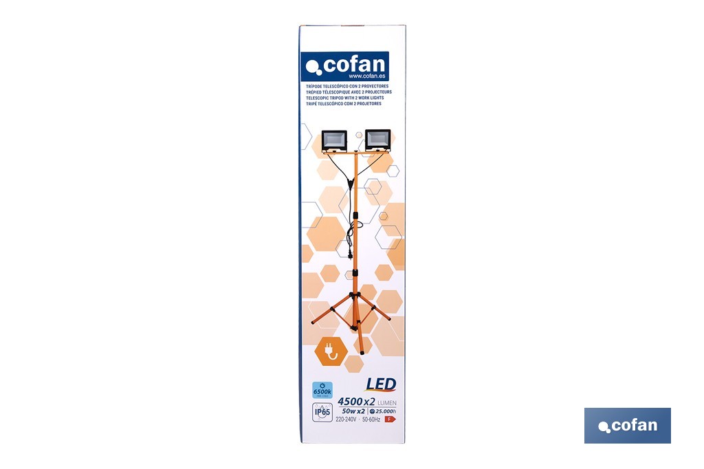 Trípode telescópico con 2 proyectores LED | Altura máxima 1,75 m, 50 W, 4500 lm, protección IP65 | Cable de 1,9 m con enchufe europeo - Cofan