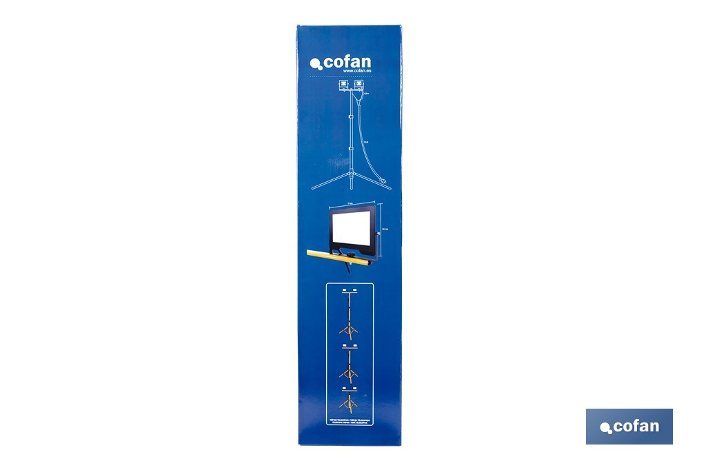 Trípode telescópico con 2 proyectores LED | Altura máxima 1,75 m, 50 W, 4500 lm, protección IP65 | Cable de 1,9 m con enchufe europeo - Cofan