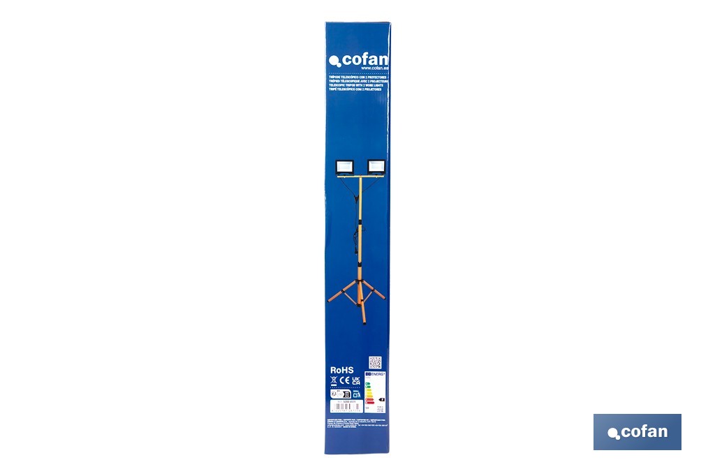 Trípode telescópico con 2 proyectores LED | Altura máxima 1,75 m, 50 W, 4500 lm, protección IP65 | Cable de 1,9 m con enchufe europeo - Cofan