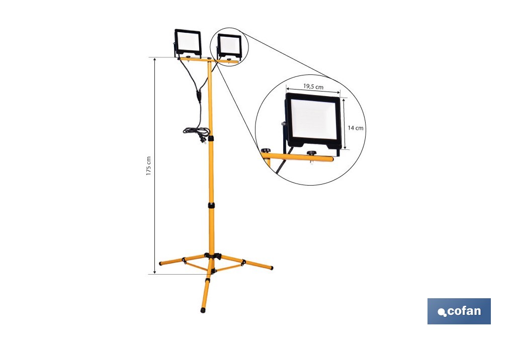Trípode telescópico con 2 proyectores LED | Altura máxima 1,75 m, 50 W, 9000 lm, protección IP65 | Cable de 1,9 m con enchufe europeo - Cofan