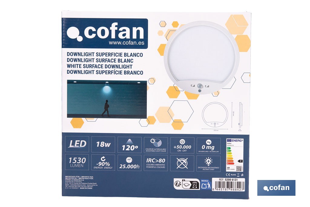 Downlight de superficie 18 W redondo | Sensor de presencia y crepuscular | Diámetro: 230 mm - Cofan